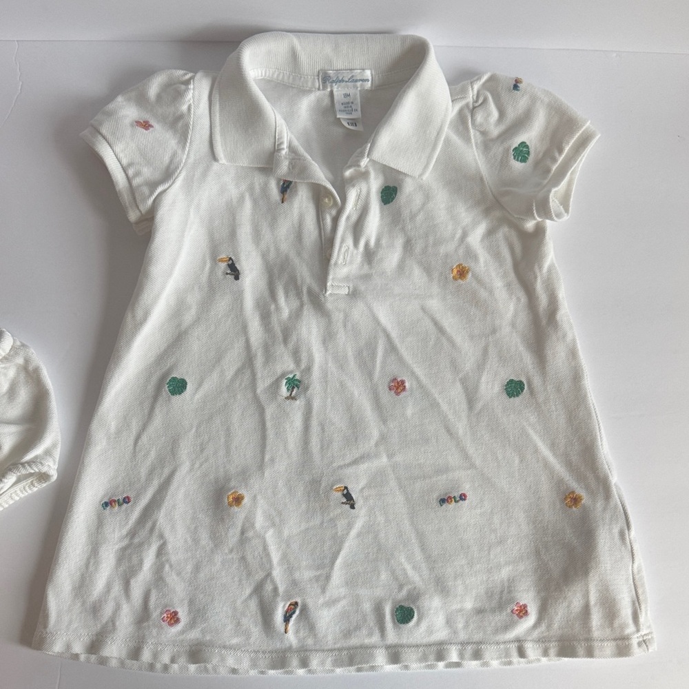 Ralph Lauren Kids White Polo Dress with Colorful Embroidery